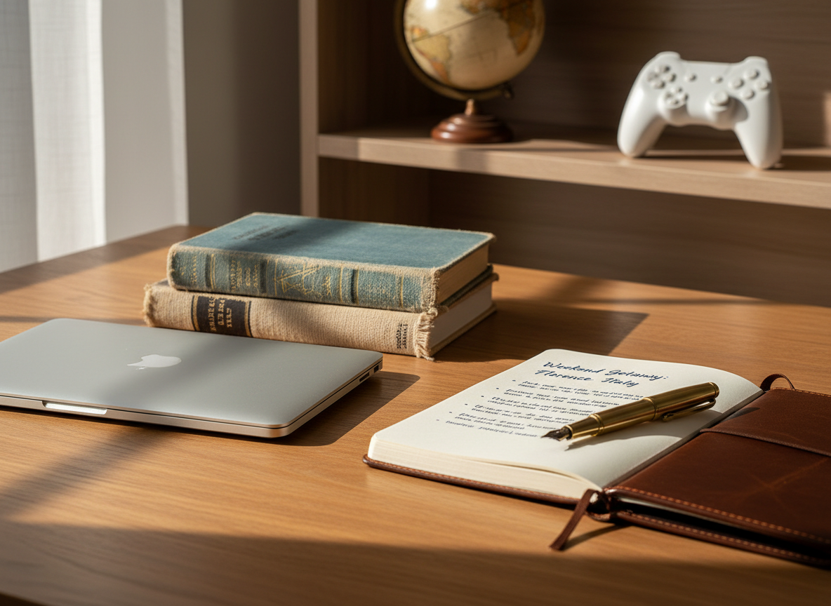 A neatly arranged wooden desk in a tastefully decorated home office, featuring a slim, closed silver laptop beside a small stack of hardcover travel guides with worn cloth spines and metallic lettering. A leather-bound notebook lies open, showing a carefully written weekend itinerary in dark ink, with a finely crafted brass fountain pen resting across the page. In the background, a minimalist bookshelf holds a few curated objects like a vintage globe and a ceramic game controller sculpture. Soft afternoon light pours through an unseen window, casting gentle shadows and subtle reflections on the wood grain. Photographic realism, shot at eye level with a shallow depth of field, creating a sophisticated, calm, and aspirational atmosphere about life beyond work.