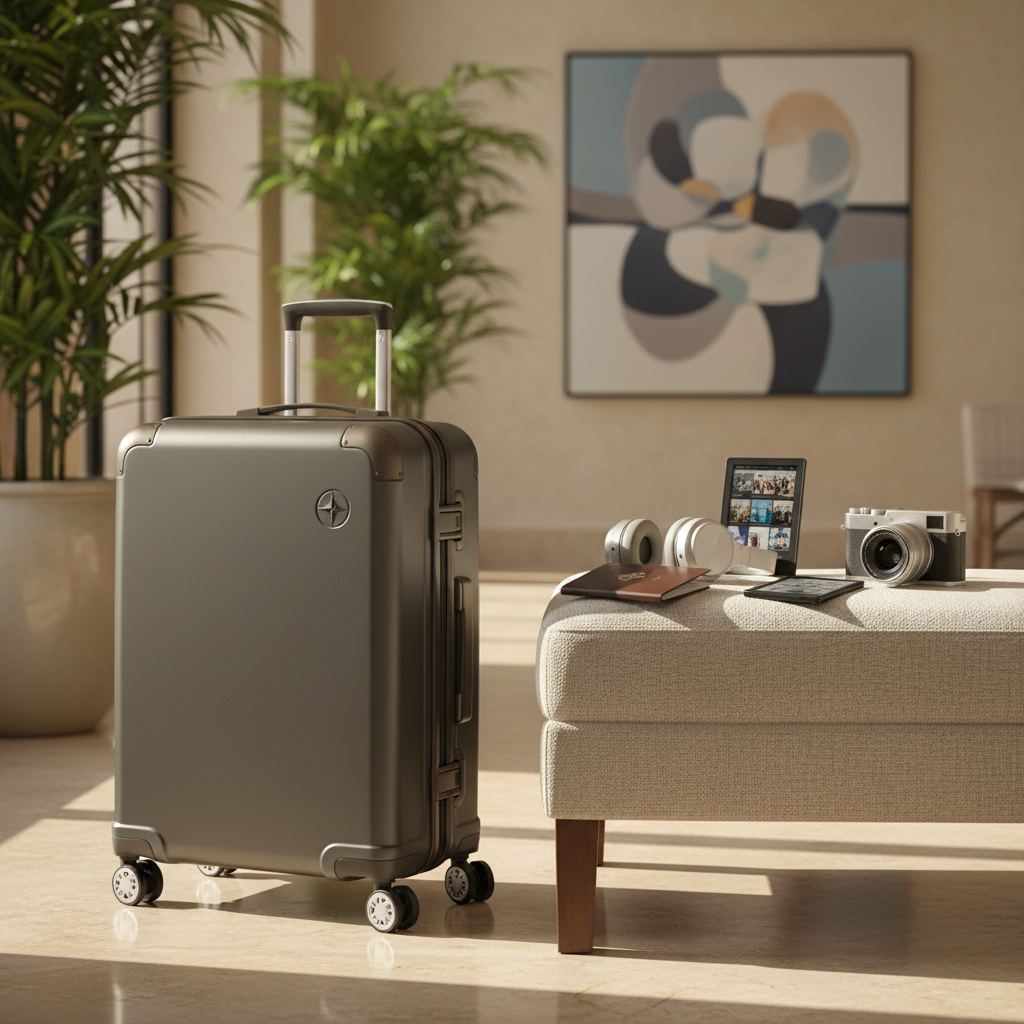 An elegant carry-on suitcase made of matte graphite polycarbonate with discreet metal accents stands beside a low, upholstered bench in a boutique hotel lobby. On the bench rests a carefully assembled flat lay: a refined leather passport holder, noise-cancelling headphones, a slim e-reader loaded with books, and a compact mirrorless camera with a prime lens. The lobby features travertine flooring, tall potted plants, and an abstract artwork in muted tones on the distant wall, softly blurred. Warm golden-hour light streams through high windows, creating long, gentle shadows and soft highlights along the suitcase’s contours. Photographic realism, composed with rule-of-thirds framing and moderate depth of field, conveying a sophisticated, anticipatory mood about setting off on a well-planned trip.