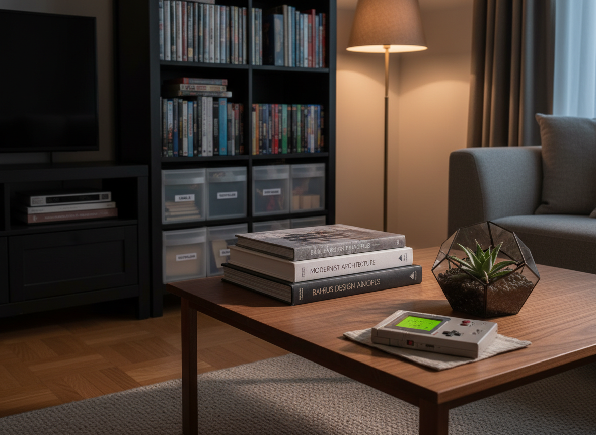 A refined living room scene centered on a low, walnut coffee table with clean lines and a silky satin finish, carefully arranged with a few thoughtfully chosen objects: a neatly stacked set of art books about design and architecture, a glass terrarium housing a single sculptural succulent, and a vintage handheld gaming console in pristine condition. A tall media cabinet in the background displays an organized collection of game boxes and neatly labeled storage containers. Soft, diffused evening light from a shaded floor lamp creates warm pools of illumination and gentle, elongated shadows. Photographic realism, captured from a slightly elevated angle with an intimate, balanced composition, conveying a sophisticated, relaxed atmosphere of curated hobbies and leisure at home.